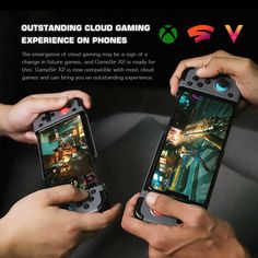 two people holding game controllers in their hands with the text, outstanding cloud gaming experience on phones