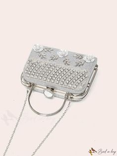 BirdinBag - Glamorous Floral Rhinestone Box Bag: Ideal Bridal Purse for Weddings, Proms & Parties Silver Rhinestone Bridal Accessories For Formal Occasions, Formal Silver Bridal Accessories With Rhinestones, Embellished Silver Bags For Wedding, Silver Embellished Bags For Wedding, Embellished Silver Wedding Bags, Silver Embellished Wedding Bag, Silver Embellished Wedding Bags, Silver Embellished Bridal Accessories, Silver Embellished Bridal Accessories For Evening