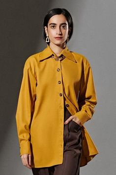 Shop for TheRealB Yellow Polyester Oversized Shirt for Women Online at Aza Fashions Yellow Button-up Blouse For Work, Workwear Single Breasted Tops With Lapel Collar, Yellow Shirt With Button Closure For Fall, Single Breasted Workwear Tops With Lapel Collar, Elegant Yellow Workwear Shirt, Yellow Button-up Tops For Workwear, Yellow Button Closure Top For Work, Yellow Tops With Button Closure For Work, Fall Office Shirt Single Breasted