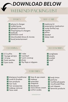 the ultimate guide to packing for an upcoming trip info sheet is shown in green and white