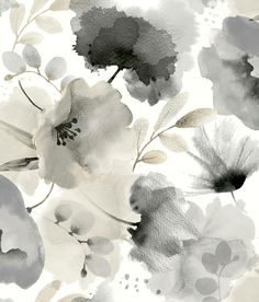 watercolor flowers and leaves on a white background with gray accents in shades of grey