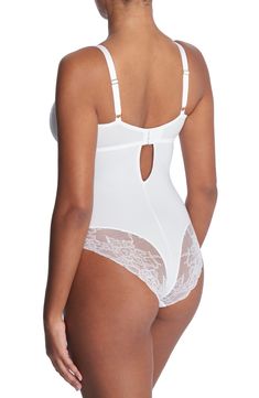 Sleek and supportive, this underwire bodysuit features flirty lace panels that add a bit of sheerness. Clasps at back Adjustable straps Cotton-lined gusset 54% elastane, 46% nylon with 62% nylon, 25% elastane, 13% polyester contrast Hand wash, line dry Imported Elegant Stretch Bodysuit With Adjustable Straps, Feminine Fitted Bodysuit With Lace Closure, White Underwire Bodysuit With Built-in Bra, Shaping Underwire Bodysuit With Adjustable Straps, Elegant Shaping Bodysuit With Adjustable Straps, Fitted Lace Bodysuit With Spaghetti Straps, Elegant Underbust Bodysuit With Lined Body, Lace Trim Bodysuit With Spaghetti Straps, Shaping Bodysuit With Adjustable Straps And Underwire