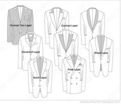 Different Types Of Collars, Types Of Blazers, Types Of Suits, Types Of Coats, Flat Sketches, Suit Pattern, Fashion Vocabulary, Safari Jacket, Types Of Jackets