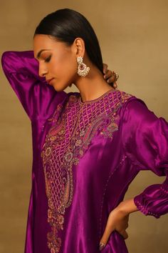 Purple asymmetric tunic with paisley embroidery using dabka, bullion, coins and thread work. - Aza Fashions Elegant Sets With Dabka Work Tunic, Elegant Designer Tunic Sets, Elegant Straight Kurta Tunic For Eid, Unstitched Elegant Embroidered Tops, Elegant Festive Tunic With Dabka Work, Elegant Silk Tops For Transitional Seasons, Elegant Kurta With Embroidered Neckline For Festive Occasions, Elegant Festive Kurta With Embroidered Neckline, Elegant Embroidered Neckline Kurta For Festive Occasions