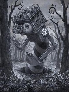 a black and white drawing of a frog holding an object in its mouth with trees behind it