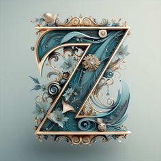 the letter z is decorated with blue flowers and gold swirls on a gray background