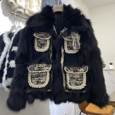 Featuring A Fur Lined Coat With Four Tweed Pockets And Pearl Decorations Throughout. Real Fur Brand New Please View Photos Luxury Black Tweed Outerwear, Fur Lined Coat, Early Fall Outfits, Pearl Decorations, Coat Pocket, Early Spring Outfits, Pocket Jacket, Current Fashion Trends, Petite Outfits