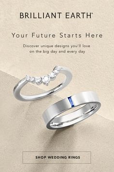 two white gold wedding rings with diamonds on them and the text brilliant earth your future starts here