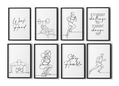 six black and white prints with different phrases