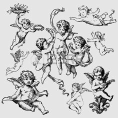 an illustration of angels flying in the sky