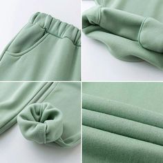 three pictures of the back and side of a green sweatie with a knot at the bottom