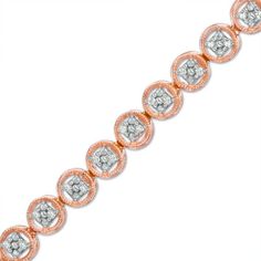 Bright and beautiful, this diamond tennis bracelet is a shining addition to your day or evening attire. Crafted in sterling silver with 14K rose gold plate, this dainty style design features milgrain-edged open circle links centered with squared beaded and sparkling diamond-touched composites. Radiant with 1/4 ct. t.w. of diamonds and a brilliant buffed luster, this charming 7.25-inch tennis bracelet secures with a tongue and groove clasp. Anniversary Rose Gold Tennis Bracelet With Brilliant Cut, Anniversary Rose Gold Tennis Bracelet With Diamond Accents, Rose Gold Bracelets With Diamond Accents For Anniversary, Anniversary Fine Jewelry Rose Gold Tennis Bracelet, Rose Gold Tennis Bracelet For Anniversary, Rose Gold Brilliant Cut Diamond Bracelet For Anniversary, Fine Jewelry Rose Gold Diamond Bracelet For Anniversary, Rose Gold Tennis Bracelet With Single Cut Diamonds, Rose Gold Bracelets With Single Cut Diamonds For Anniversary