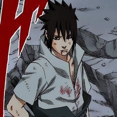 an anime character with black hair and white shirt holding his hands on his hips while standing in front of rocks