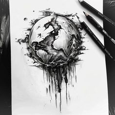 a black and white drawing of a world globe with paint splatters on it