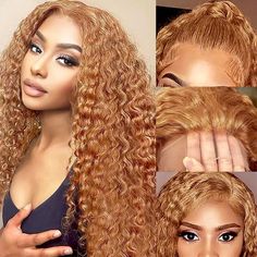 Honey Blonde Curly Lace Front Wigs Human Hair Preplucked Density180 Transparent Lace Blonde Curly Human Hair Lace Wigs For Women Honey Blonde Wig, Deep Wave Wig