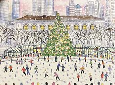 a drawing of people skating in front of a large christmas tree on a city street