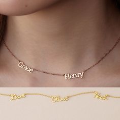 "This dainty and unique necklace can be customized with kids' names, making it a perfect gift for your mom on any special occasion of the year. ► CURSIVE MOTHER NECKLACE * Material: High Quality Solid 925 Sterling Silver * Finishing: Silver, Gold or Rose Gold. * Word limits: up to 12 characters/each name for best visibility. * All of our jewelry are handmade from scratch and packaged with care in our workshop ► HOW TO ORDER & ADD PERSONALIZATION - Select color, number of names and chain leng Mother Necklace Personalized, Mother Necklace, Mom Of 3, Necklace For Mom, Name Necklaces, Mother Jewelry, Family Necklace, Mothers Necklace, Mom Jewelry