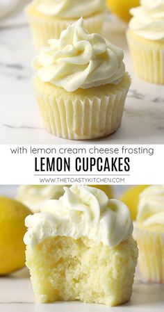 lemon cupcakes with cream cheese frosting on top and in the middle, one is cut in half