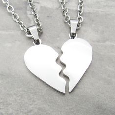 "Stainless Steel Friendship Hearts Charm Pendant Necklace, Women's Necklace, Friendship Jewelry, Split Heart Pair Pendant Necklace, 304 Stainless Steel Double Heart Pair Friendship Necklaces. Sold as a pair, one to keep and one to share with your friend, partner or significant other. Sold as a pair, each ½ heart is 1\" high x ½\" wide. Together the pair is 1\" x 1\"  STAINLESS STEEL CHAINS - Hypo Allergenic, Resist Tarnishing Sm Flat Link Chain, 3 x 2 x 0.6mm, Stainless Steel Chain, Lobster Clasp Sm Twist Curb Chain, 3 x 2 x 0.6mm, Stainless Steel Chain, Lobster Clasp Sm Rolo Chain, 2.5 x 1mm, Stainless Steel Chain, Lobster Clasp Sm Box Chain, 2x2x1mm, Stainless Steel Chain, Lobster Clasp CORDED NECKLACES Black Waxen Cotton Cord: Waxen Cotton Cord 1.5mm with lobster clasp closure.  Brown W Heart Friendship Necklace, Couple Chains Necklaces, Hindu Jewelry, Necklace Drawing, Necklace Friendship, Bff Jewelry, Women's Necklace, Accesories Jewelry, Best Friend Necklaces