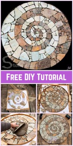 how to make a mosaic table top with stone and wood in the shape of a spiral