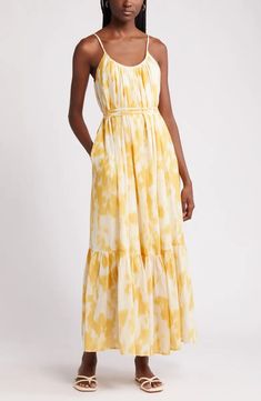 Nordstrom Cotton & Silk Tie Waist Tiered Sundress | Nordstrom Summer Maxi Length Dress With Drawstring, Spring Beach Maxi Dress With Pockets, Cotton Sleeveless Dress With Tie Straps For Vacation, Summer Maxi Dress With Drawstring For Vacation, Summer Midi-length Dress With Drawstring, Summer Vacation Maxi Dress With Drawstring, Summer Midi Length Dress With Drawstring, Sleeveless Dresses With Tie Straps For Daytime, Sleeveless Sundress With Tie Straps For Daytime