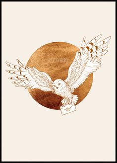 an owl flying with its wings spread out in front of a brown and white background