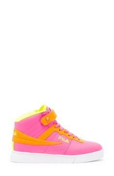 Bright colorblocking adds an eye-catching appeal to a high-top sneaker built on a grippy sole for durability in your everyday ensemble. Lace-up style Synthetic upper/textile lining/synthetic sole Imported Cc Shoes, Preppy Shoes, Pink Orange Yellow, In Hot, Up Styles, Orange Yellow, Pink Orange, High Top, Nordstrom Rack