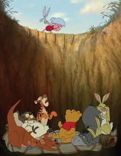 winnie the pooh and other cartoon characters are standing in front of a cliff with text that reads, it puts the lotion on its skin or gets the horse again