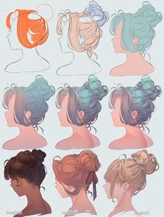 the different hairs styles are shown in this drawing style, including ponytails and buns