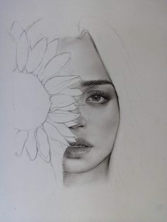 a pencil drawing of a woman's face with a sunflower