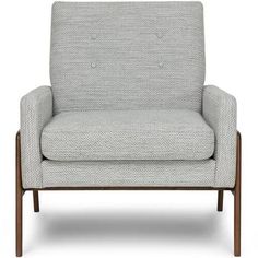 an upholstered grey chair with wooden legs