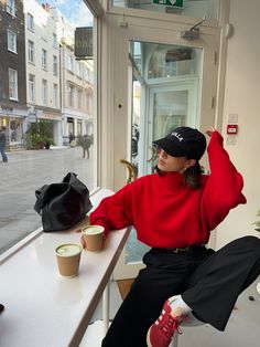 Cos jumper, Arket belt, Uniqo trousers, TALA hat, Adidas gazelles London coffee shop, Red outfit, London girl, Winter outfit inspo, Scandi inspired Red Sneakers Outfit, Red Sweater Outfit, Red Jumper, London Outfit, Red Sweater, Red Outfit