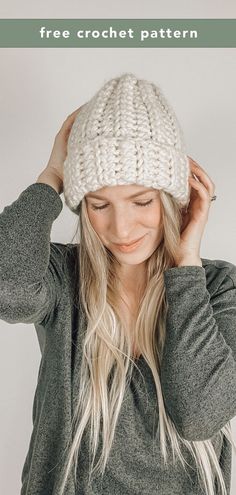 a woman wearing a white knitted hat with text overlay that reads free crochet pattern