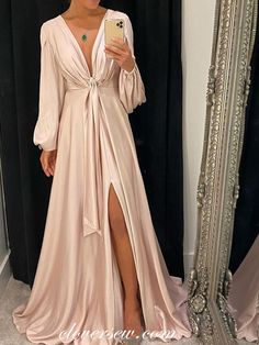 Prom Dress With Split, Graduation Party Dresses, Dress With Split, Floor Length Prom Dresses, בר מצווה, Satin Long Sleeve, Gold Champagne, Party Dress Long Sleeve, Long Prom Dress