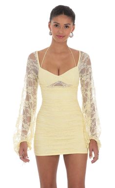 Lace Ruched Long Sleeve Dress in Yellow | LUCY IN THE SKY Hoco Dresses Yellow, Ruched Long Sleeve Dress, Pretty Homecoming Dresses, Cotillion Dresses, Cute Formal Dresses, Dresses Yellow, Cute Homecoming Dresses, Banquet Dresses, Lucy In The Sky