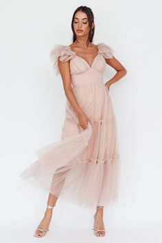 Amal Ruffle Shoulder Tulle Midi Dress Nude Bridesmaid Aesthetic, Midi Dress Tulle, Nude Midi Dress, Tulle Midi Dress, Selfie Leslie, Blush Dress, Satin Clutch, Yellow Bridesmaids, Red Bridesmaids