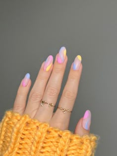 #nails #nailart #pink #blue #peach #pinknails #bluenails #peachynails #spring #springnails #swirlnails #cutenails #jewelry #abstractart #pastelnails #pastel Pink White And Yellow Nails, Blue Yellow And Pink Nails, Pastel Yellow And Blue Nails, Pink Blue Yellow Nails, Peach And Blue Nails, Pastel Pink And Blue Nails, Blue Pastel Nails, Pink And Yellow Nails, Pink Blue Nails