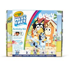 the bluey activity kit includes two dogs and a rainbow in the background with an image of