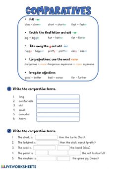 the worksheet for comparaatives is shown in blue and orange colors