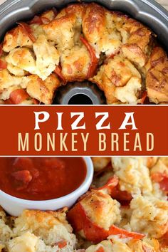 a pizza monkey bread is in a pan with sauce on top and the words pizza monkey bread above it