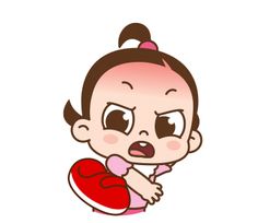 a cartoon girl with an angry expression holding a red heart in her hands, on a white background