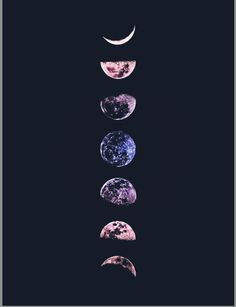 five phases of the moon are shown in purple and blue hues on a black background