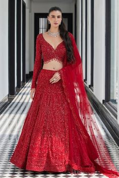 Red attached cancan lehenga with all over floral, sequins, cutdana, jharokha embroidery. Paired with a padded blouse with similar work and dupatta with scallop trims floral butti embroidery. - Aza Fashions Baju Kahwin, Organza Lehenga, Full Sleeve Blouse, Net Blouses, Bridal Lehenga Red, Simple Blouse Designs, Red Lehenga, Indian Bridal Outfits, Embellished Blouse