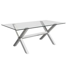 a glass table with metal legs on a white background