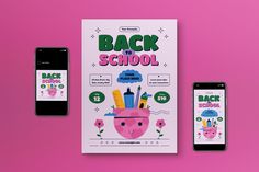 the back to school brochure is displayed next to two smartphones on a pink background