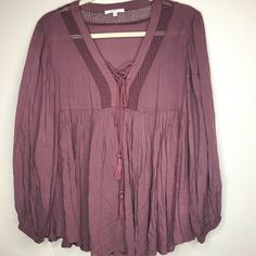 Boho/70s Style Blouse Pretty Fall Color Never Worn Hippie Pink V-neck Tops, Bohemian Purple Peasant Top For Spring, Purple Bohemian Blouse For Fall, Purple Fall Tops For Vacation, Bohemian Purple Blouse For Fall, Purple Tops For Fall Vacation, Pink Flowy Rayon Tops, Spring Festival V-neck Peasant Top, Flowy Pink Rayon Top