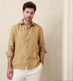 Linen Shirt With Button Closure In Flax Color, Beige Linen Button-up Shirt, Casual Linen Shirt For Gatherings, Classic Neutral Linen Shirt, Neutral Collared Linen Shirt, Summer Linen Shirt In Neutral Color, Neutral Linen Summer Shirt, Summer Neutral Linen Shirt, Casual Long Sleeve Flax Shirt