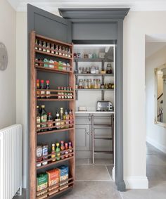 an open pantry door with spices and condiments on shelves in the corner, next to a radiator