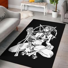 a living room area rug with a skeleton girl holding a baseball bat and ball on it