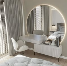 a bedroom with a round mirror on the wall next to a desk and chair in front of it